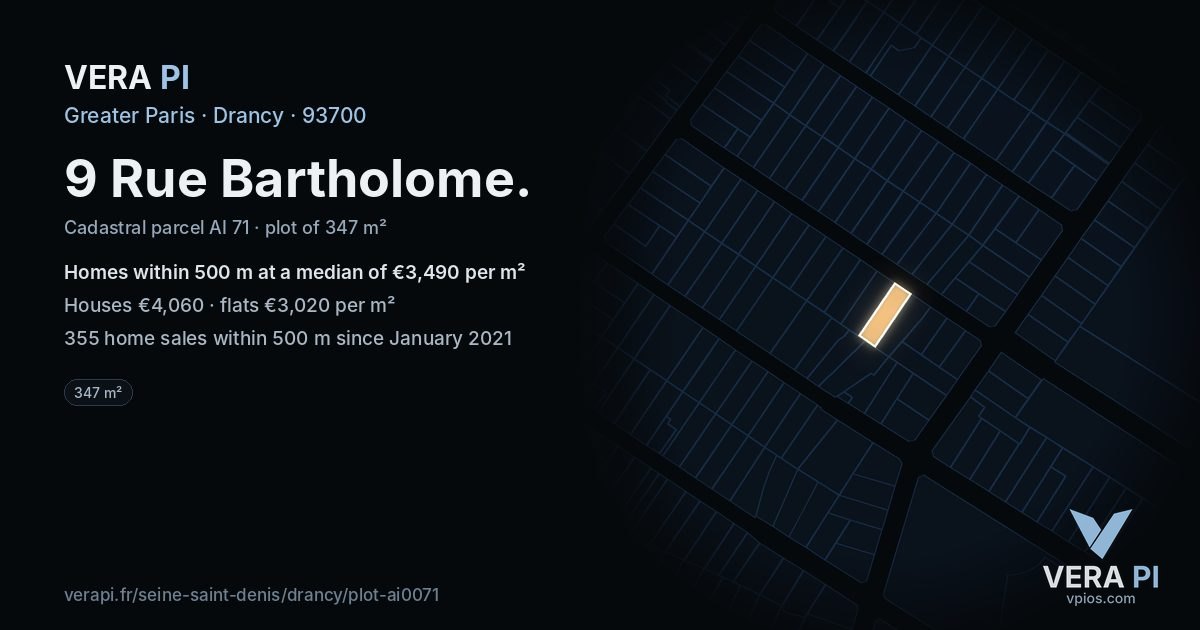 9 Rue Bartholome, Drancy at night – the plot lit, the parcels around coloured by the prices near them