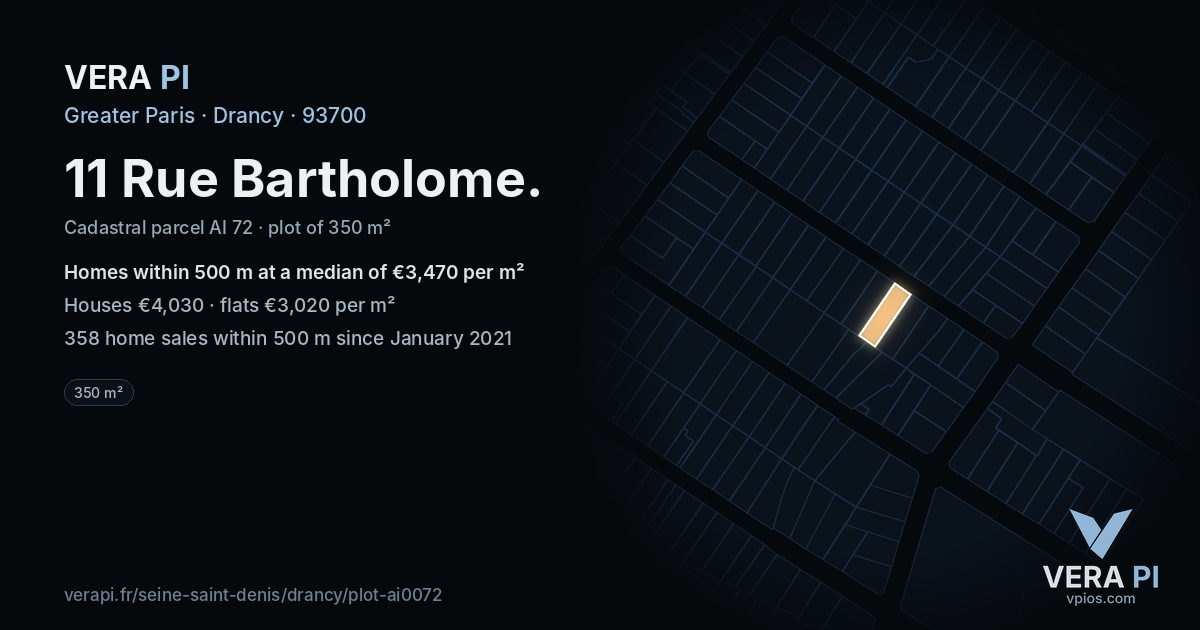 11 Rue Bartholome, Drancy at night – the plot lit, the parcels around coloured by the prices near them