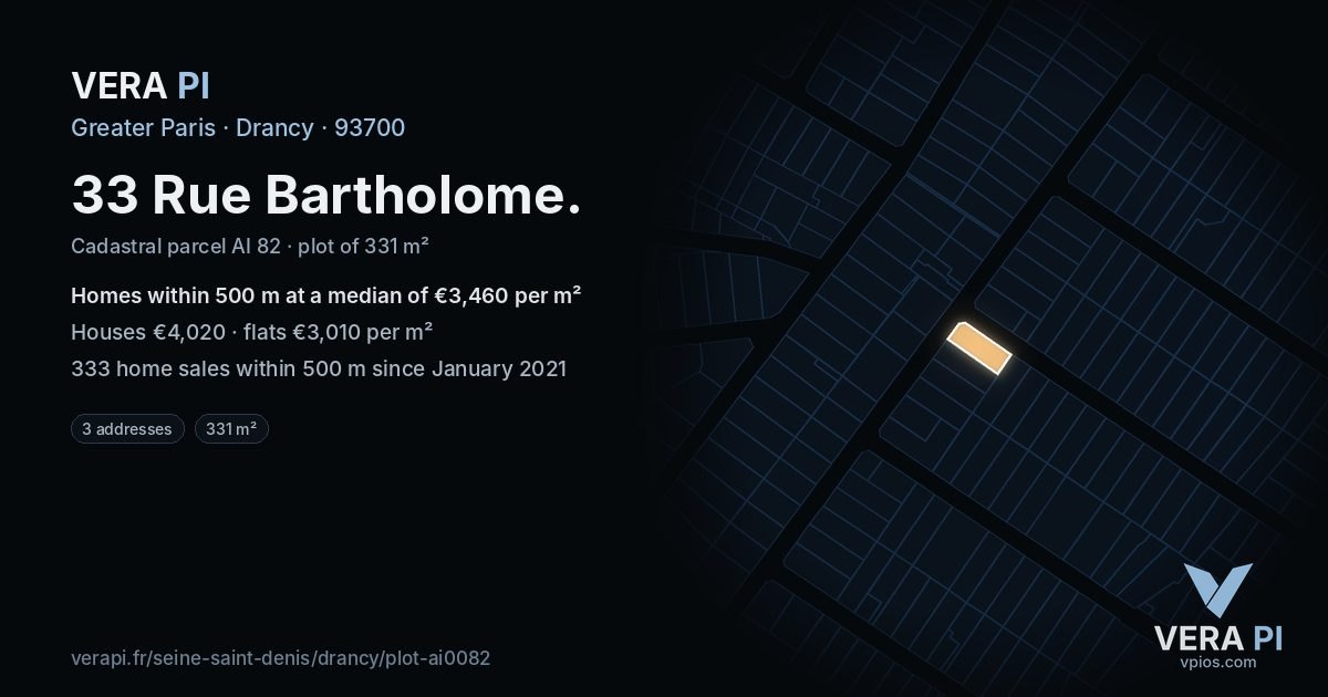33 Rue Bartholome, Drancy at night – the plot lit, the parcels around coloured by the prices near them