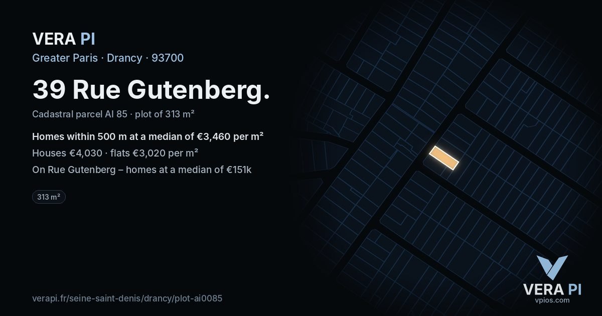 39 Rue Gutenberg, Drancy at night – the plot lit, the parcels around coloured by the prices near them