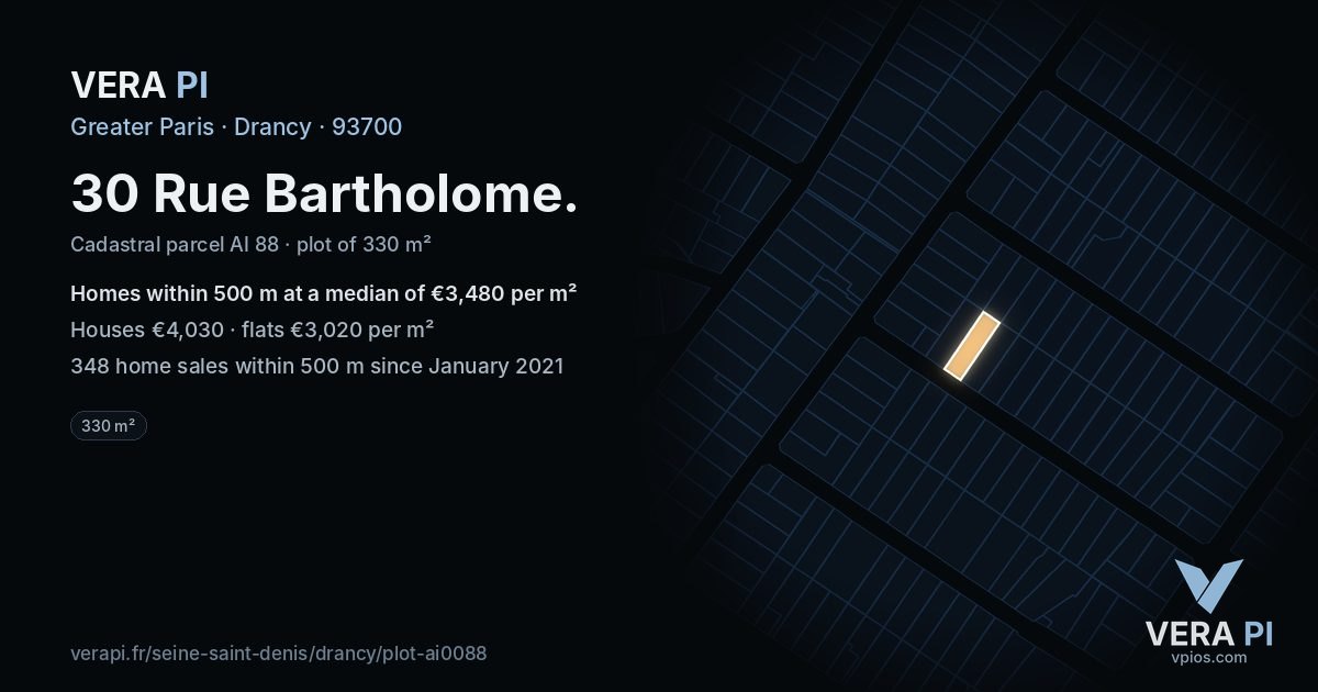 30 Rue Bartholome, Drancy at night – the plot lit, the parcels around coloured by the prices near them