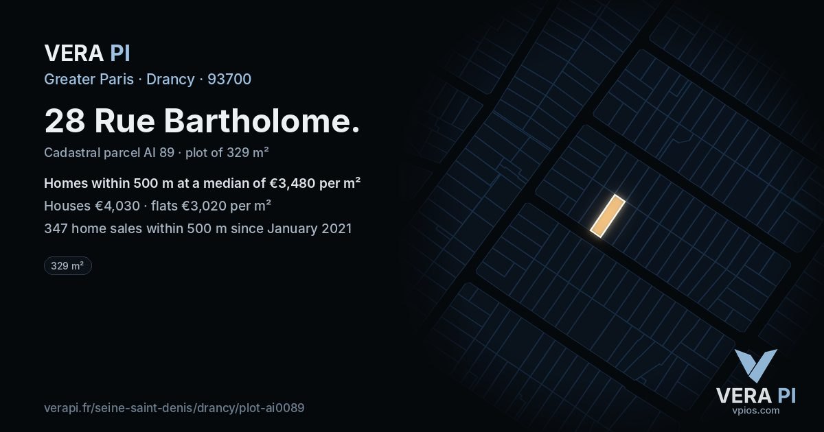 28 Rue Bartholome, Drancy at night – the plot lit, the parcels around coloured by the prices near them