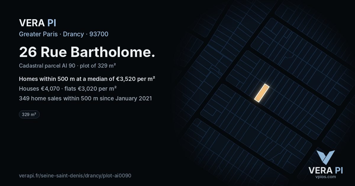 26 Rue Bartholome, Drancy at night – the plot lit, the parcels around coloured by the prices near them
