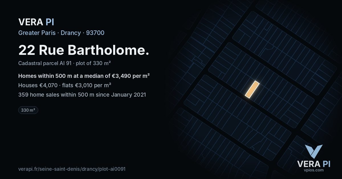 22 Rue Bartholome, Drancy at night – the plot lit, the parcels around coloured by the prices near them