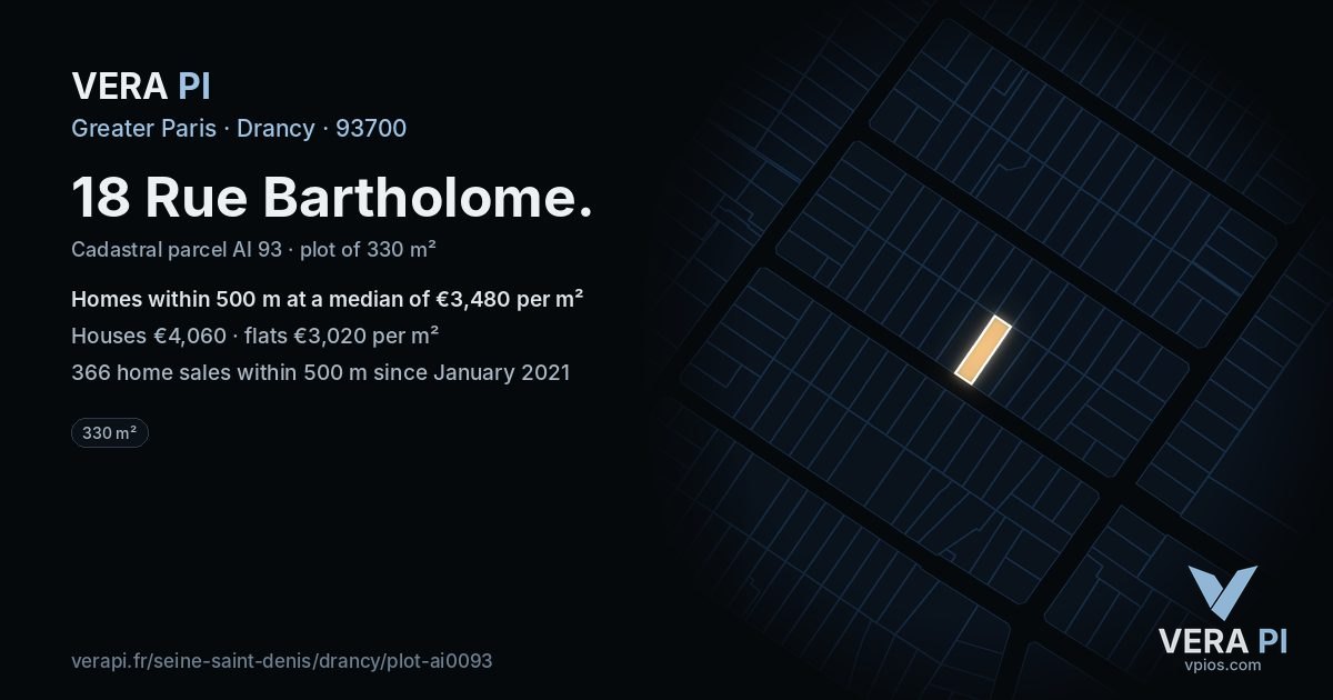 18 Rue Bartholome, Drancy at night – the plot lit, the parcels around coloured by the prices near them
