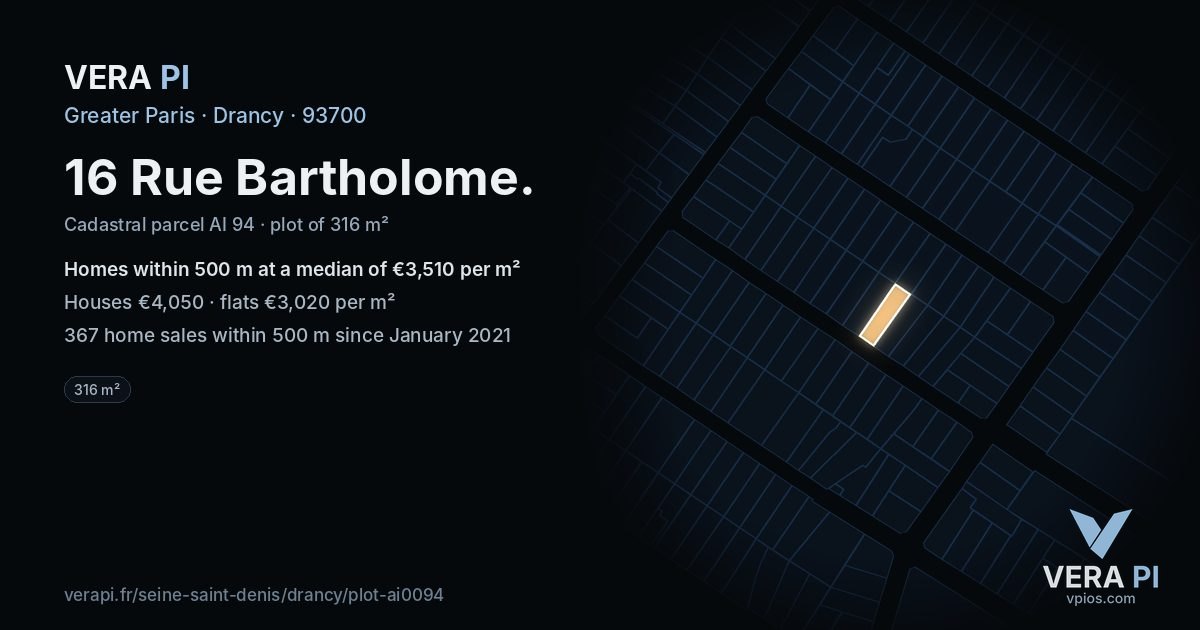 16 Rue Bartholome, Drancy at night – the plot lit, the parcels around coloured by the prices near them