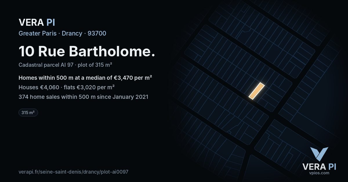 10 Rue Bartholome, Drancy at night – the plot lit, the parcels around coloured by the prices near them