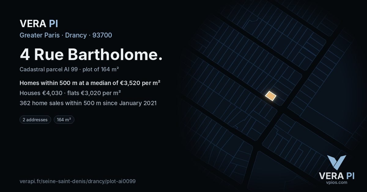 4 Rue Bartholome, Drancy at night – the plot lit, the parcels around coloured by the prices near them