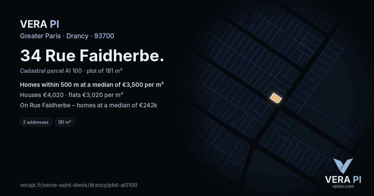 34 Rue Faidherbe, Drancy at night – the plot lit, the parcels around coloured by the prices near them