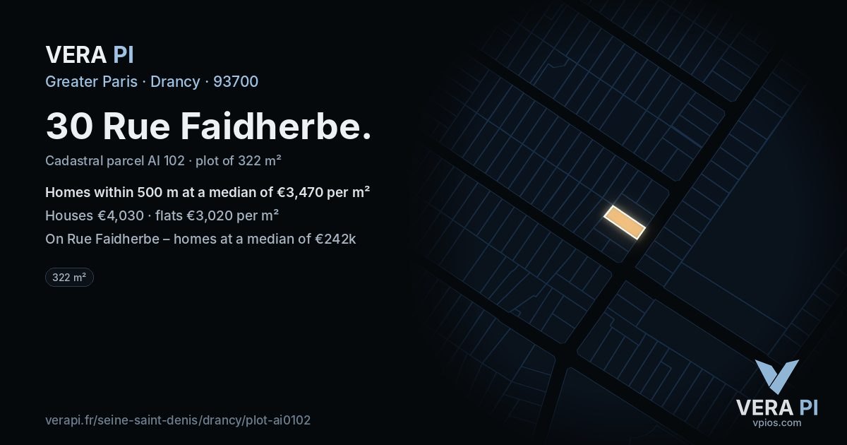 30 Rue Faidherbe, Drancy at night – the plot lit, the parcels around coloured by the prices near them