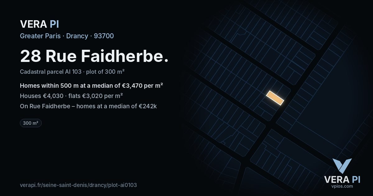 28 Rue Faidherbe, Drancy at night – the plot lit, the parcels around coloured by the prices near them