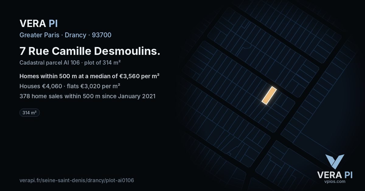 7 Rue Camille Desmoulins, Drancy at night – the plot lit, the parcels around coloured by the prices near them