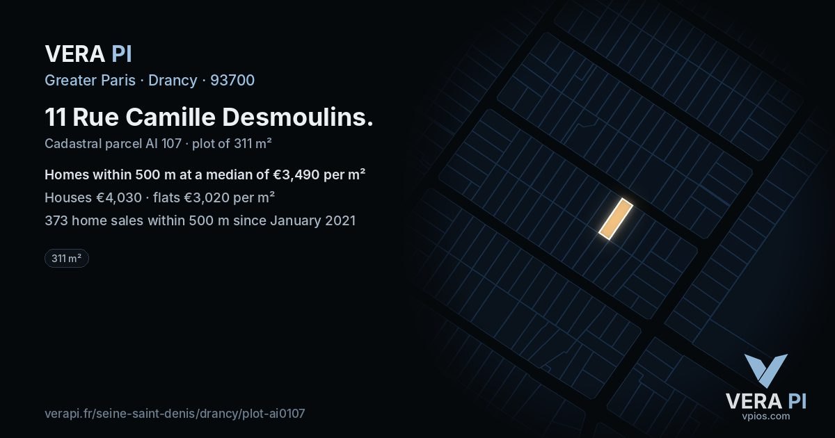11 Rue Camille Desmoulins, Drancy at night – the plot lit, the parcels around coloured by the prices near them