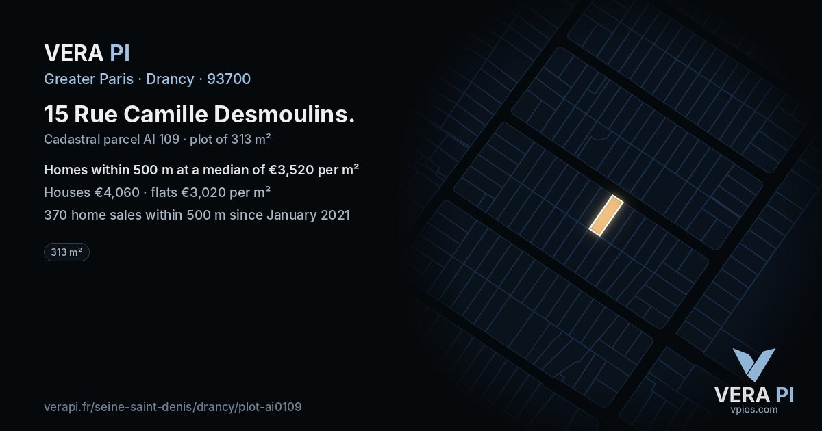15 Rue Camille Desmoulins, Drancy at night – the plot lit, the parcels around coloured by the prices near them