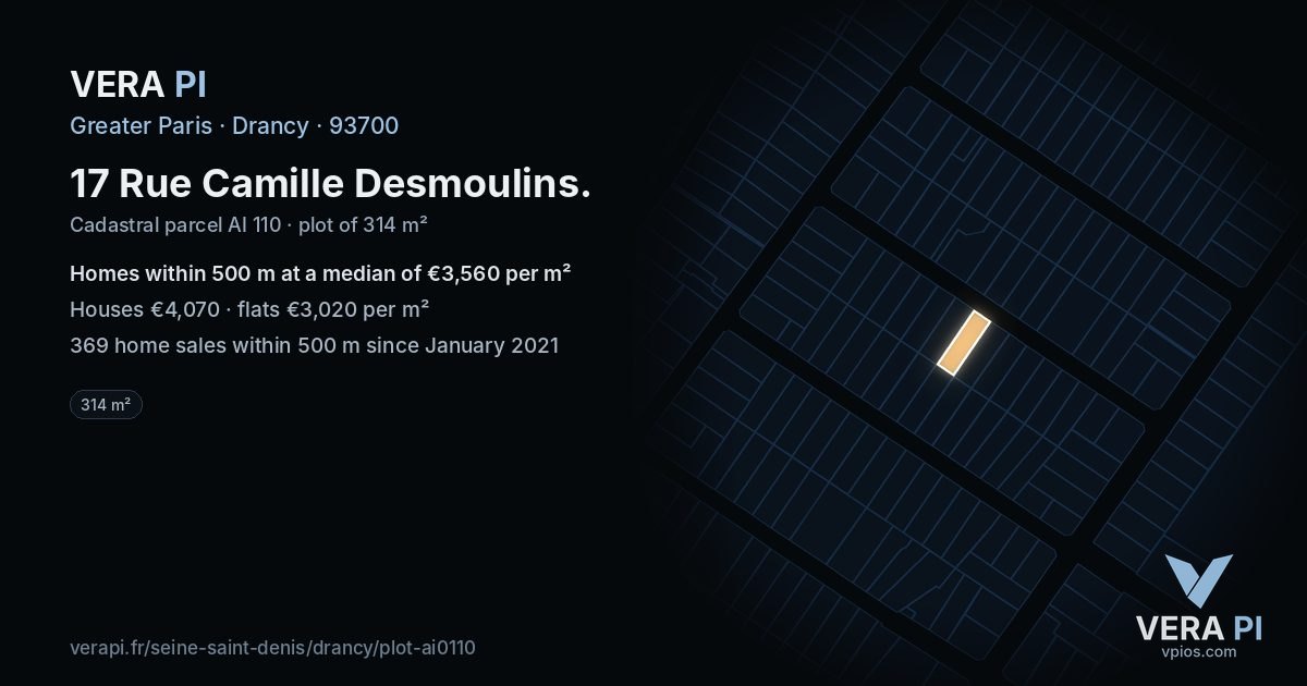17 Rue Camille Desmoulins, Drancy at night – the plot lit, the parcels around coloured by the prices near them
