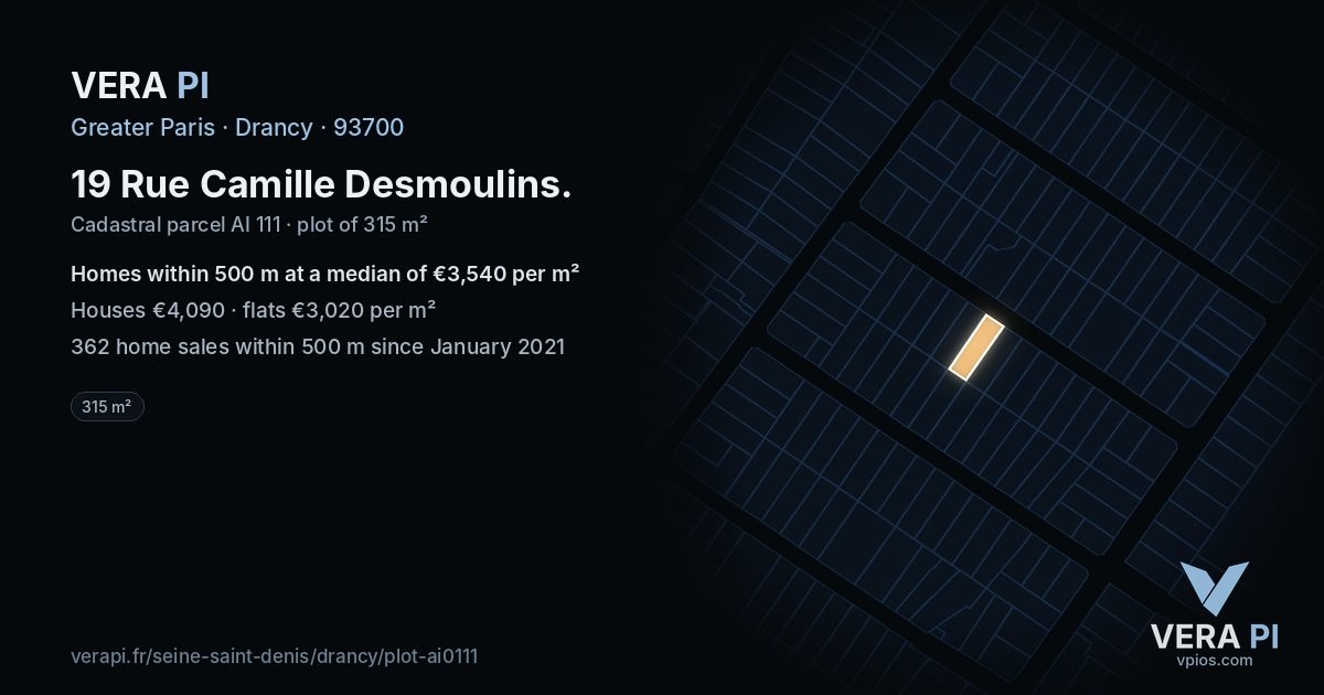 19 Rue Camille Desmoulins, Drancy at night – the plot lit, the parcels around coloured by the prices near them