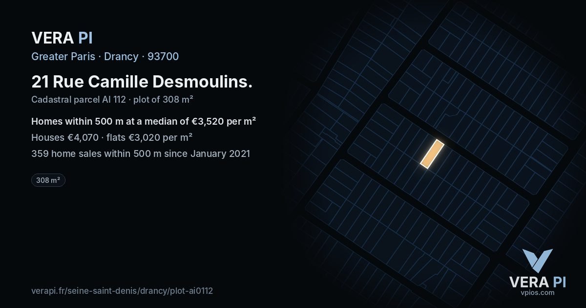 21 Rue Camille Desmoulins, Drancy at night – the plot lit, the parcels around coloured by the prices near them