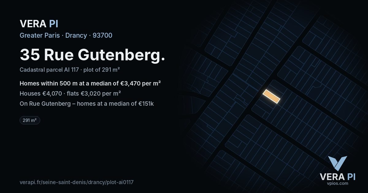 35 Rue Gutenberg, Drancy at night – the plot lit, the parcels around coloured by the prices near them