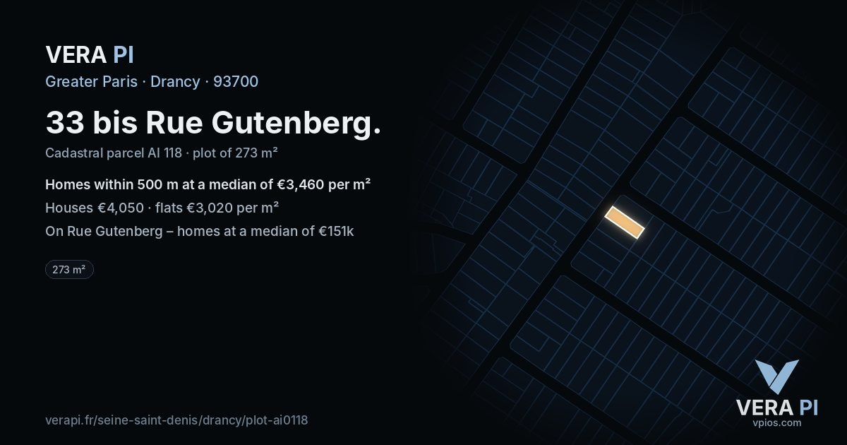 33 bis Rue Gutenberg, Drancy at night – the plot lit, the parcels around coloured by the prices near them