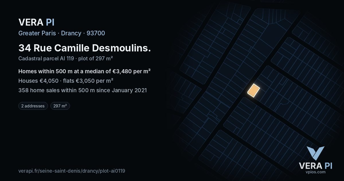 34 Rue Camille Desmoulins, Drancy at night – the plot lit, the parcels around coloured by the prices near them