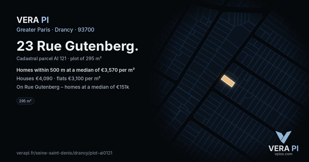23 Rue Gutenberg, Drancy at night – the plot lit, the parcels around coloured by the prices near them