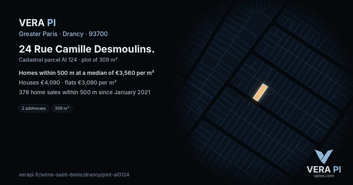 24 Rue Camille Desmoulins, Drancy at night – the plot lit, the parcels around coloured by the prices near them