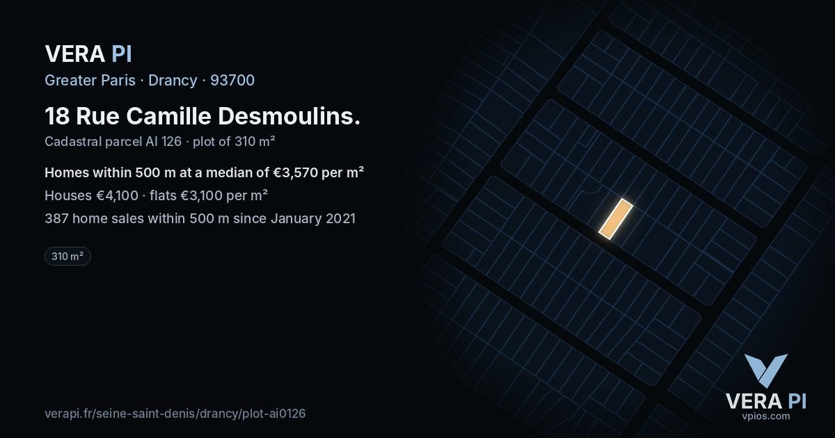 18 Rue Camille Desmoulins, Drancy at night – the plot lit, the parcels around coloured by the prices near them