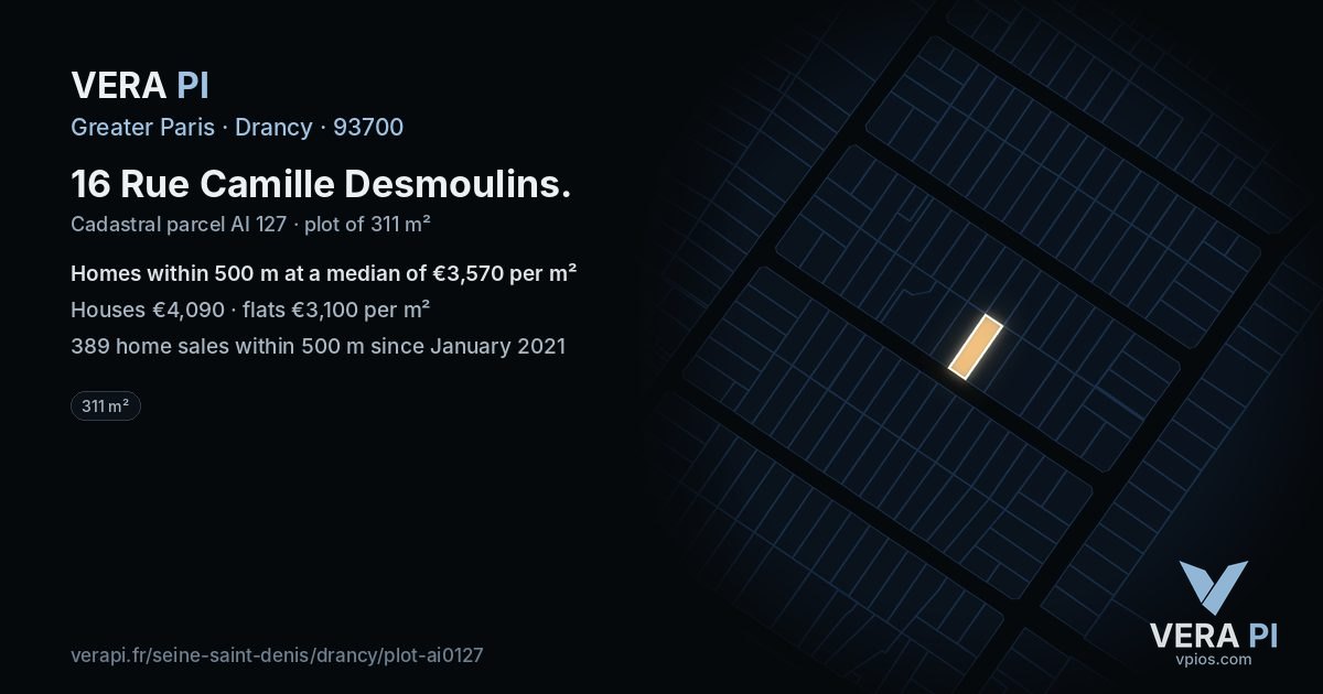 16 Rue Camille Desmoulins, Drancy at night – the plot lit, the parcels around coloured by the prices near them