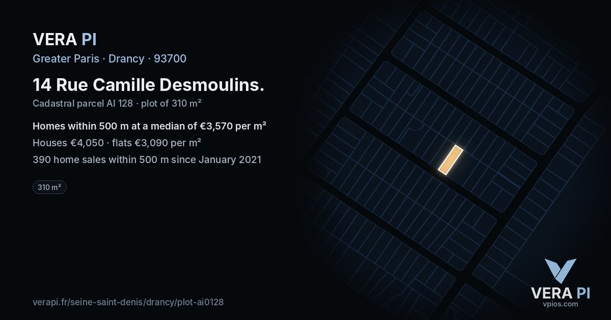 14 Rue Camille Desmoulins, Drancy at night – the plot lit, the parcels around coloured by the prices near them