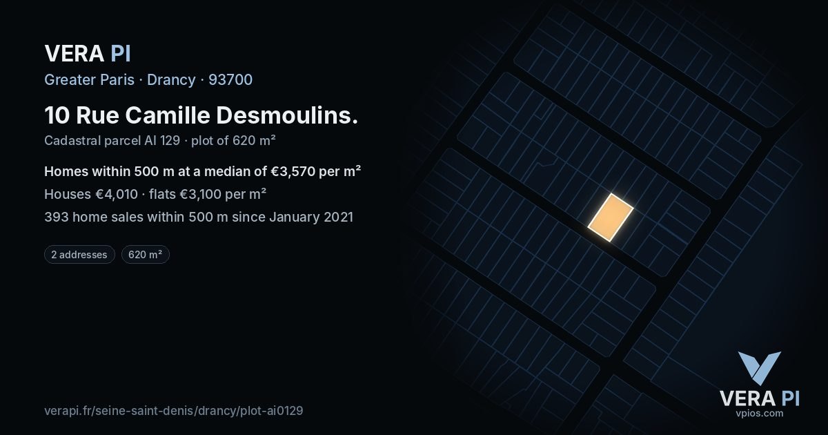 10 Rue Camille Desmoulins, Drancy at night – the plot lit, the parcels around coloured by the prices near them