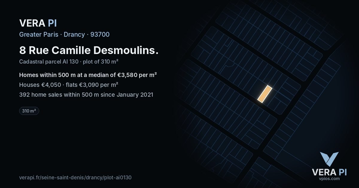 8 Rue Camille Desmoulins, Drancy at night – the plot lit, the parcels around coloured by the prices near them