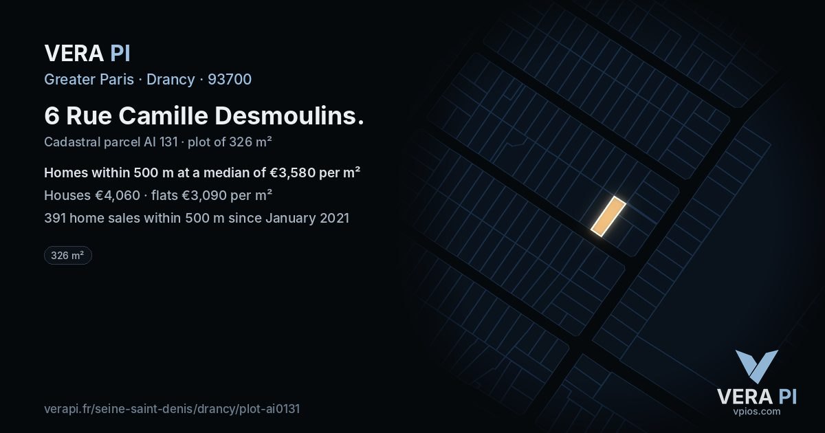 6 Rue Camille Desmoulins, Drancy at night – the plot lit, the parcels around coloured by the prices near them