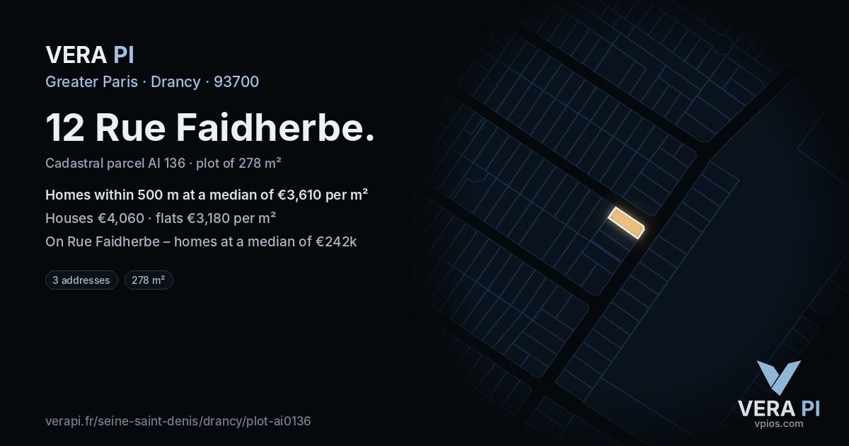 12 Rue Faidherbe, Drancy at night – the plot lit, the parcels around coloured by the prices near them