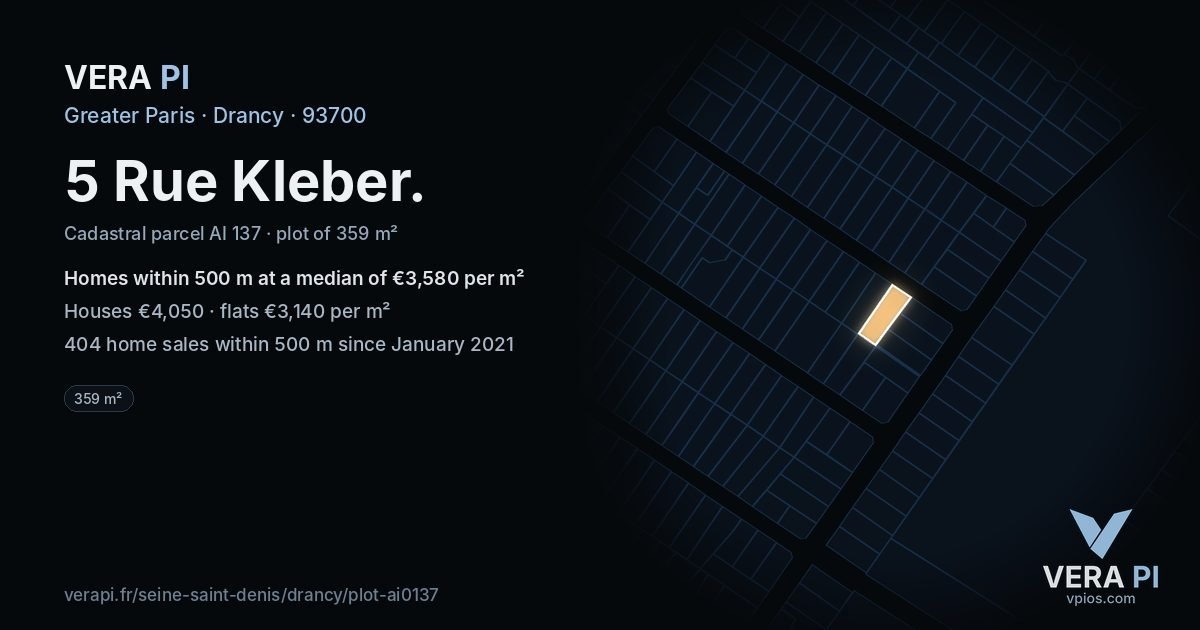 5 Rue Kleber, Drancy at night – the plot lit, the parcels around coloured by the prices near them