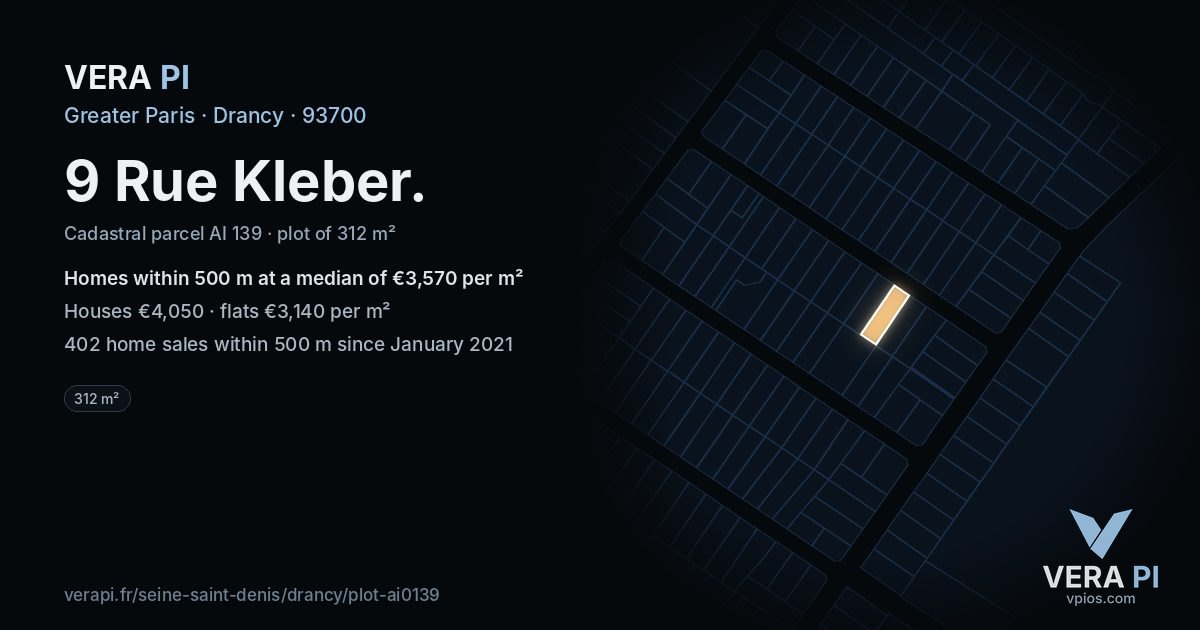 9 Rue Kleber, Drancy at night – the plot lit, the parcels around coloured by the prices near them