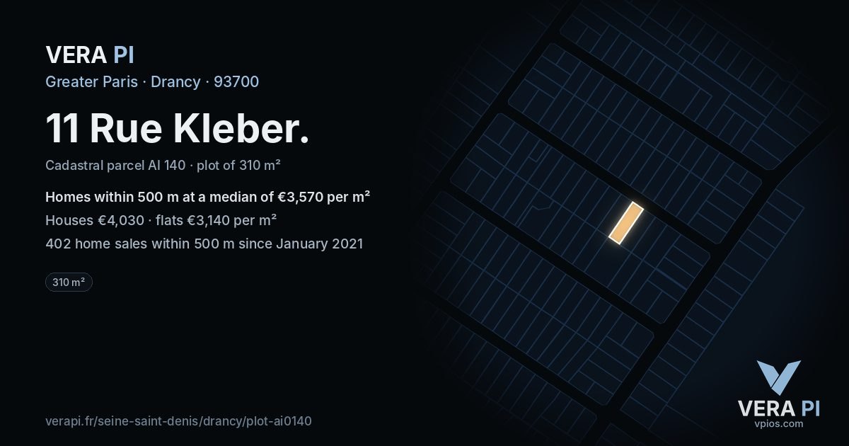 11 Rue Kleber, Drancy at night – the plot lit, the parcels around coloured by the prices near them