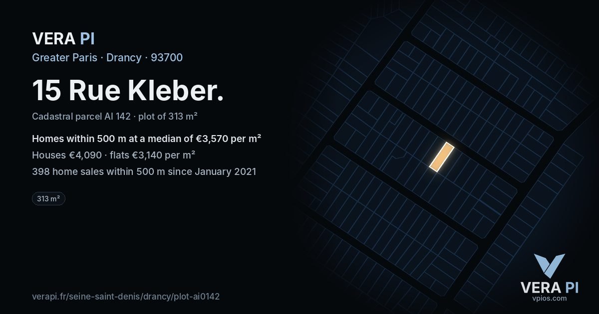 15 Rue Kleber, Drancy at night – the plot lit, the parcels around coloured by the prices near them