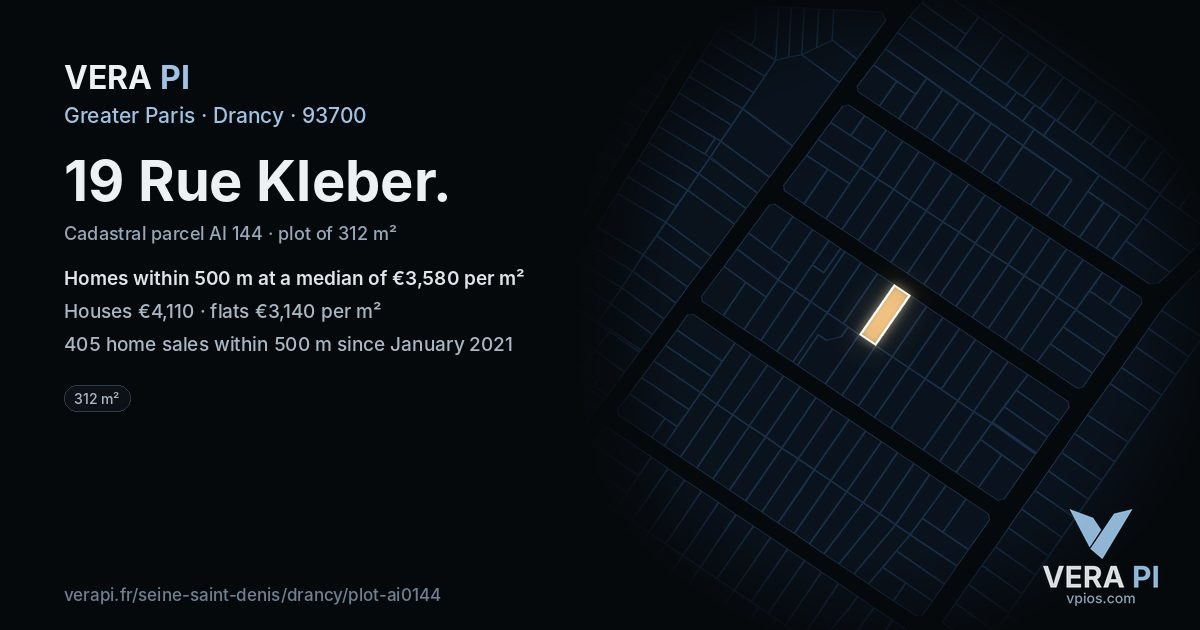 19 Rue Kleber, Drancy at night – the plot lit, the parcels around coloured by the prices near them
