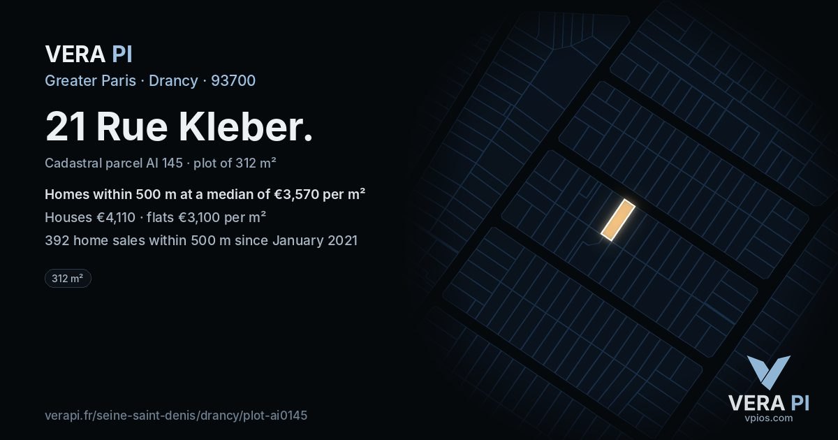 21 Rue Kleber, Drancy at night – the plot lit, the parcels around coloured by the prices near them