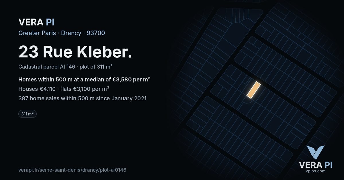 23 Rue Kleber, Drancy at night – the plot lit, the parcels around coloured by the prices near them