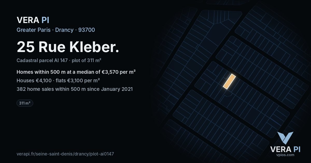 25 Rue Kleber, Drancy at night – the plot lit, the parcels around coloured by the prices near them