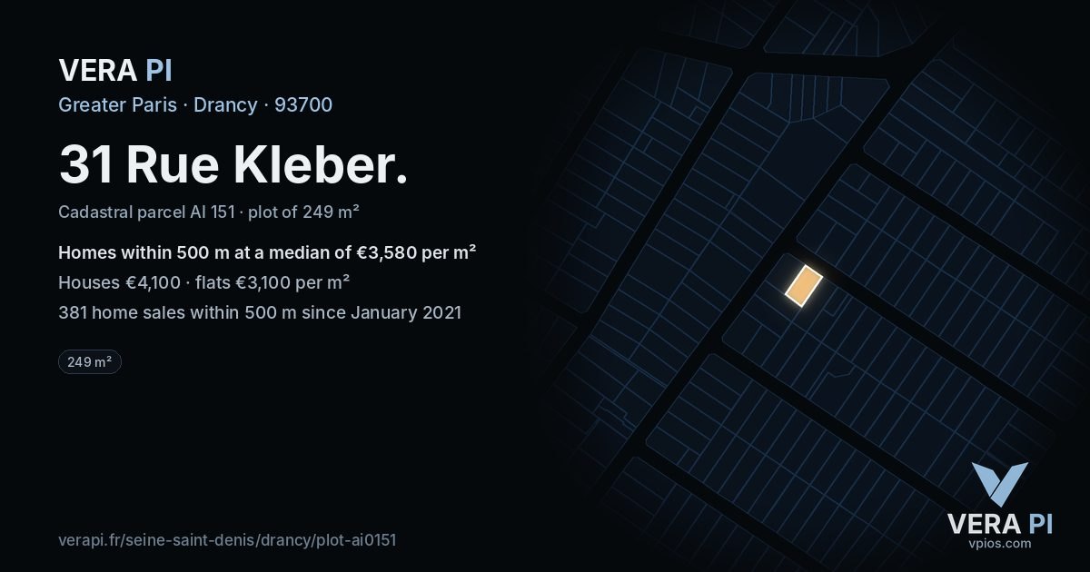 31 Rue Kleber, Drancy at night – the plot lit, the parcels around coloured by the prices near them