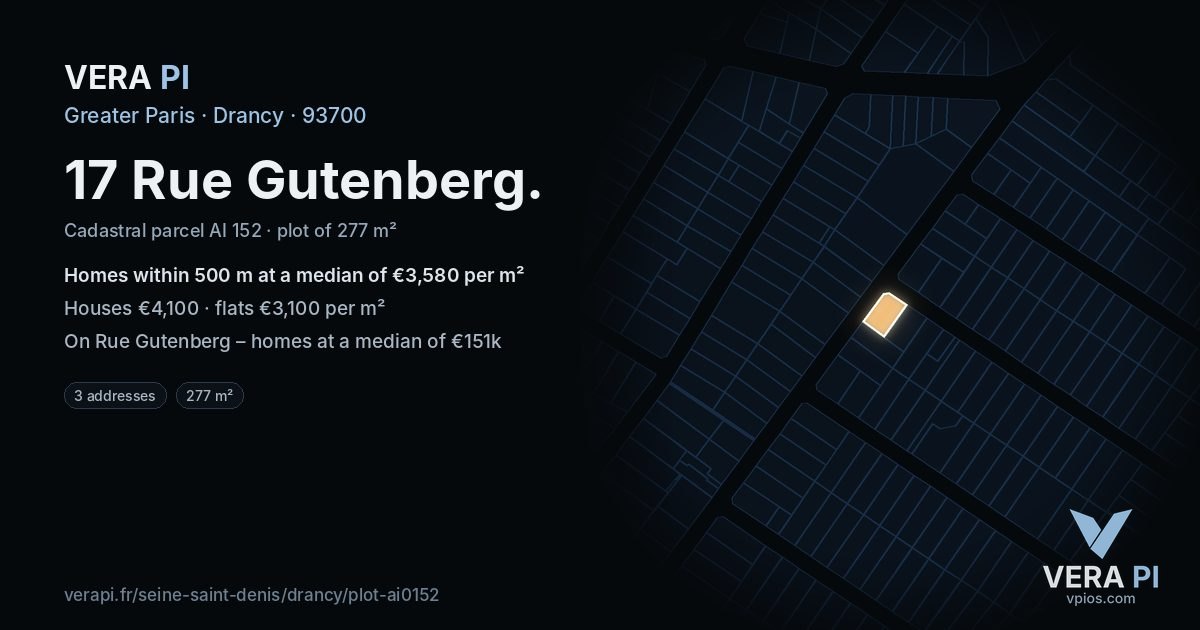 17 Rue Gutenberg, Drancy at night – the plot lit, the parcels around coloured by the prices near them
