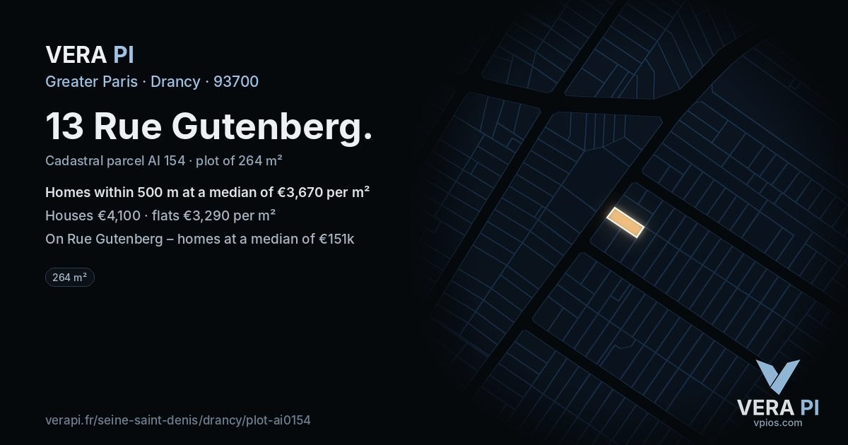 13 Rue Gutenberg, Drancy at night – the plot lit, the parcels around coloured by the prices near them