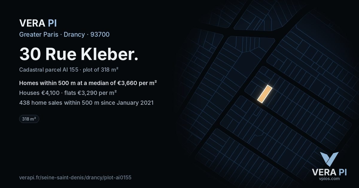30 Rue Kleber, Drancy at night – the plot lit, the parcels around coloured by the prices near them