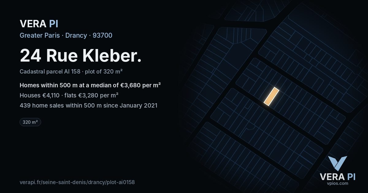 24 Rue Kleber, Drancy at night – the plot lit, the parcels around coloured by the prices near them