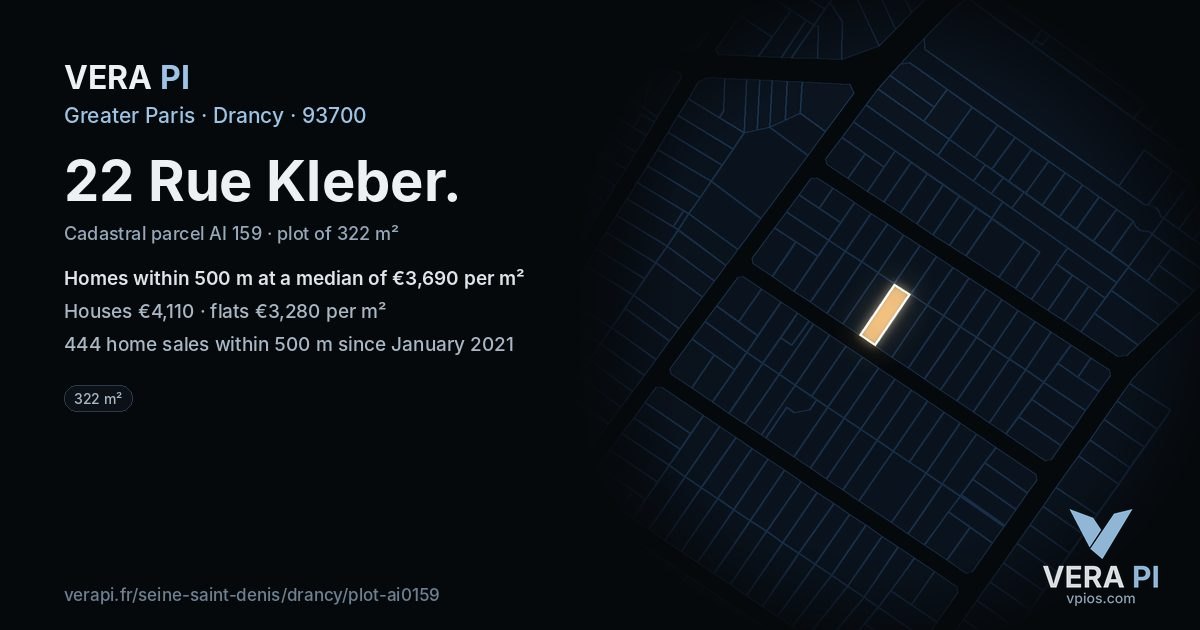 22 Rue Kleber, Drancy at night – the plot lit, the parcels around coloured by the prices near them