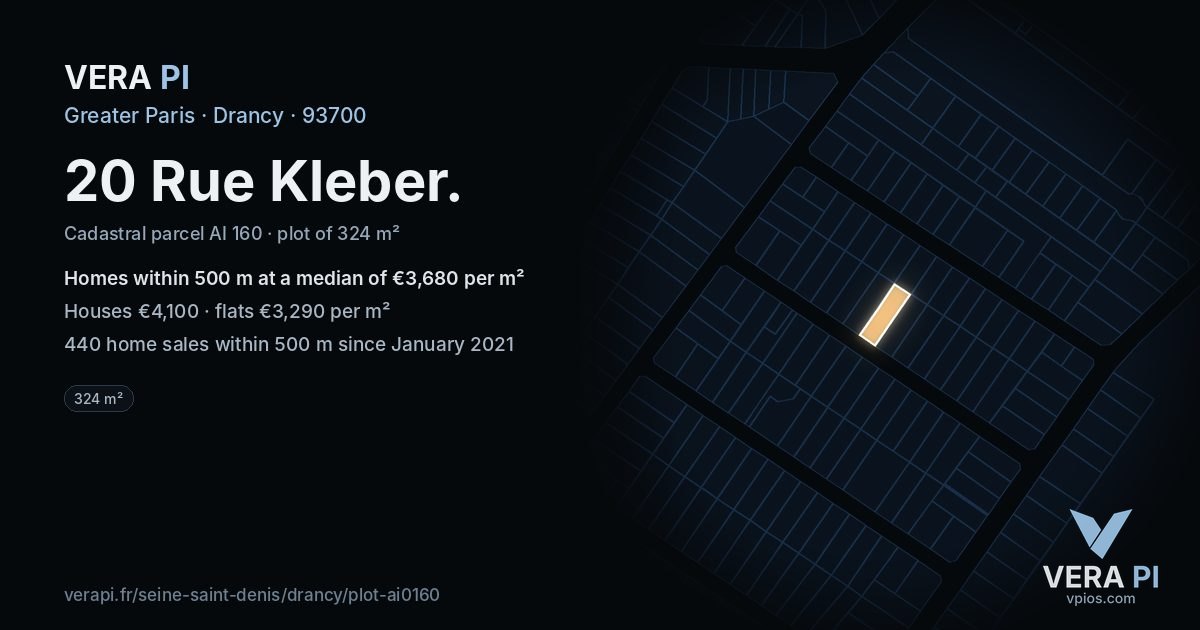 20 Rue Kleber, Drancy at night – the plot lit, the parcels around coloured by the prices near them