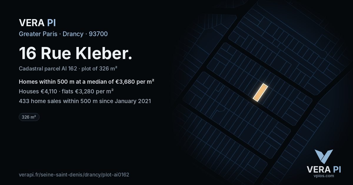16 Rue Kleber, Drancy at night – the plot lit, the parcels around coloured by the prices near them