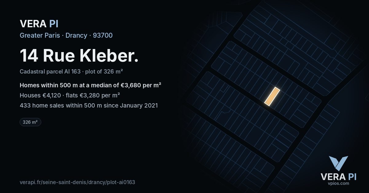 14 Rue Kleber, Drancy at night – the plot lit, the parcels around coloured by the prices near them